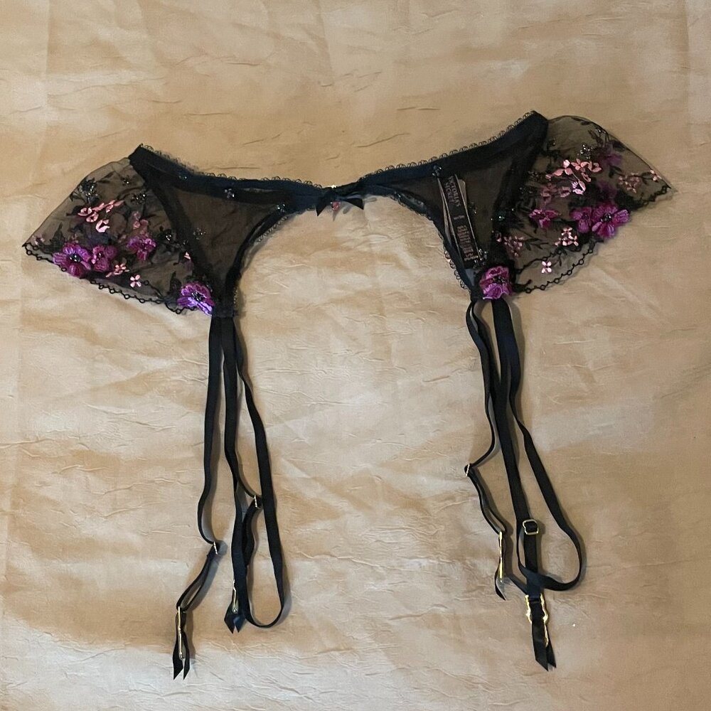 Victoria's Secret Embroidered Black Garter Belt with Purple & Pink Accents